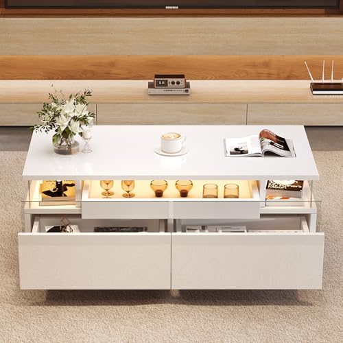 Witimisy Couchtisch mit Tablett,Hochglanz-Couchtisch fürs Wohnzimmer,tragender Beistelltisch aus gehärtetem Glas,mit 2 Schubladen,mit LED-Licht,90X45X35.5CM (Weiß) von Witimisy
