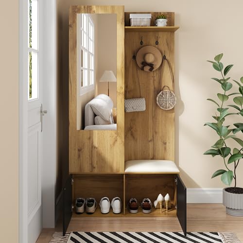 Witimisy Das Kleiderschrank-Set umfasst 5 Kleiderhaken,einen Spiegel,einen Schuhschrank,EIN oberes Regal mit verborgenem Bereich zum Aufhängen und eine Garderobenbank für den Flur,100X38X191CM Witimisy Das Kleiderschrank-Set umfasst 5 Kleiderhaken,einen Spiegel,einen Schuhschrank,EIN oberes Regal mit verborgenem Bereich zum Aufhängen und eine Garderobenbank für den Flur,100X38X191CM von Witimisy