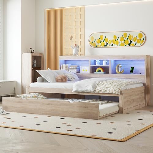 Witimisy Daybett,Tagesbett,Mit LED-Leuchten,Bettseitiges Staufach,Ausziehbares Bett,Steckdose + USB,Ohne Matratze,204.5X114.5X90CM (Natur) von Witimisy