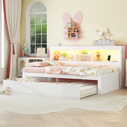 Witimisy Daybett,Tagesbett,Mit LED-Leuchten,Bettseitiges Staufach,Ausziehbares Bett,Steckdose + USB,Ohne Matratze,204.5X114.5X90CM (Weiß) von Witimisy