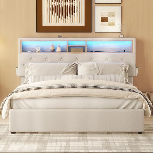 Witimisy Doppelbett,Polsterbett,Stauraum,Bett mit USB-Aufladung und LED-Beleuchtung,Funktionsbett mit Vier Schubladen,verstellbares Kopfteil,208.5x140x99(105/111) cm (Beige) von Witimisy