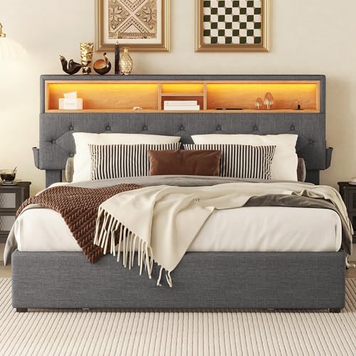 Witimisy Doppelbett,Polsterbett,Stauraum,Bett mit USB-Aufladung und LED-Beleuchtung,Funktionsbett mit Vier Schubladen,verstellbares Kopfteil,208.5x140x99(105/111) cm (Grau) von Witimisy