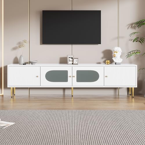 Witimisy Eleganter TV-Schrank,TV-Board,TV-Unterschrank,Weißer Korpus mit Goldenen Beinen und Griffen,2 Türen mit Vertikalrillen,2 Türen mit Bogenglas,170X35X50CM von Witimisy