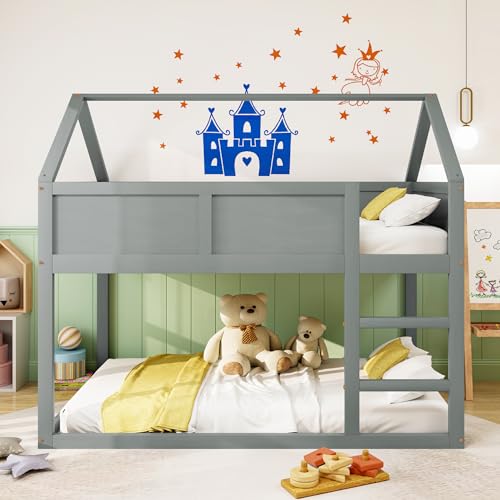 Witimisy Etagen-Kinderbett,niedriges Etagen-Einzelbett, Hochbett mit Treppe,Massivholzrahmen,204X95X170CM (Grau) von Witimisy