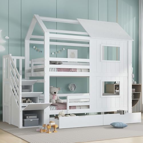 Witimisy Etagenbett mit Spielhaus-Design (Fenster und Dach),Kinderbett mit Treppenschrank und Roll-Schublade, Mit Ablagefächern und Lattenrost,Kiefer,Weiß,253x95x218 cm von Witimisy