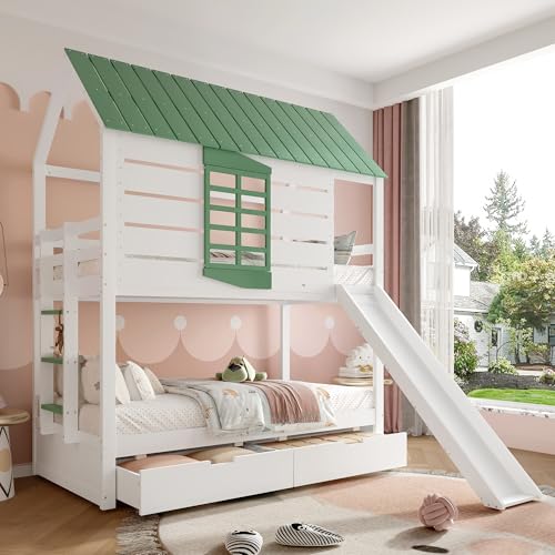 Witimisy Etagenbett mit Spielhaus Design und Rutsche,Kinder-Hausbett mit 2 Schubladen,in Weiß mit Grünen Akzenten,205.4 x 236.5 x 228.6cm Witimisy Etagenbett mit Spielhaus Design und Rutsche,Kinder-Hausbett mit 2 Schubladen,in Weiß mit Grünen Akzenten,205.4 x 236.5 x 228.6cm von Witimisy