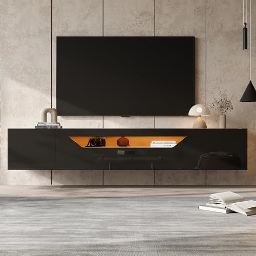 Witimisy Fernsehschrank mit 3 Staufächern,Hängeboard schwebend, Hochglanz-TV-Schrank mit LED-Licht,Fernsehtisch,wandmontierbar,Passend für 75-Zoll-Fernseher,Schwarz+Original Holzfarbe,180X37X36CM von Witimisy