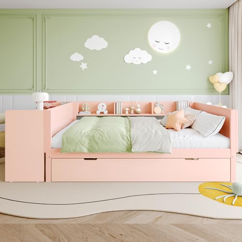 Witimisy Flachbett,Holzbett,Doppelbett (Ohne Matratze),mit Schreibtisch,mit Rollbett,mit Regalen,Kiefer+Spanplatte,242X164.3X73CM (Rosa) von Witimisy
