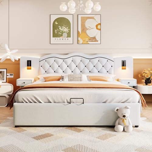 Witimisy Flaches Bett,gepolstertes Bett,integriertes Kopfteil,großer Stauraum,Mit hydraulischer Hebemechanismus,USB-Anschluss,Zwei Nachttischlampen,205x245x102.5CM (Beige) von Witimisy