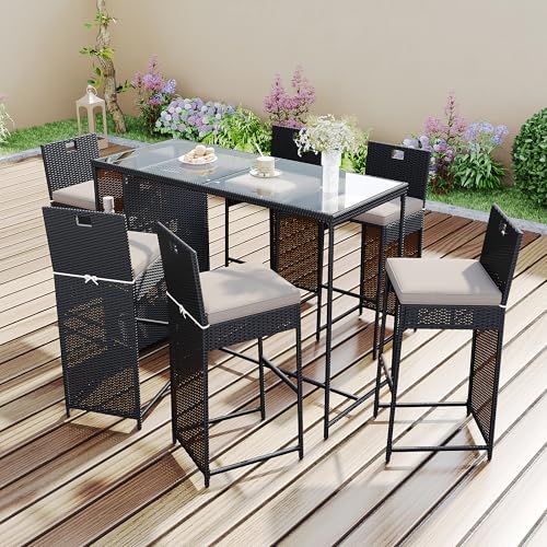Witimisy Garten-Lounge-Set,7-teiliges Gartenbar-Set mit Kissen,Ablagefläche, Tischplatte aus gehärtetem Glas,Polyrattan,Schwarz-Dunkelbraun-Mix von Witimisy