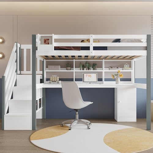 Witimisy Halbhohes Bett,Mit Stoff-Aufbewahrungsbox,Reichlich Stauraum,Mit seitlicher Leiter,Offenes Regal,Jugendbett mit Schreibtisch,Kiefer+MDF,Weiß+Grau,253.5x95.5x160CM von Witimisy