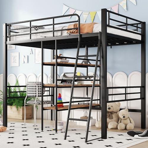 Witimisy Hochbett,Bett mit Schreibtisch,Mehrere Regale,Geländer,Leiter,Eisenrahmen,ohne Matratze,204X134X174cCM (Schwarz) von Witimisy