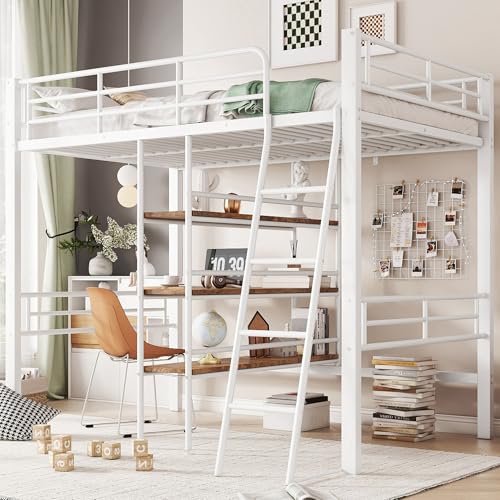 Witimisy Hochbett,Bett mit Schreibtisch,Mehrere Regale,Geländer,Leiter,Eisenrahmen,ohne Matratze,204X134X174cCM (Weiß) von Witimisy