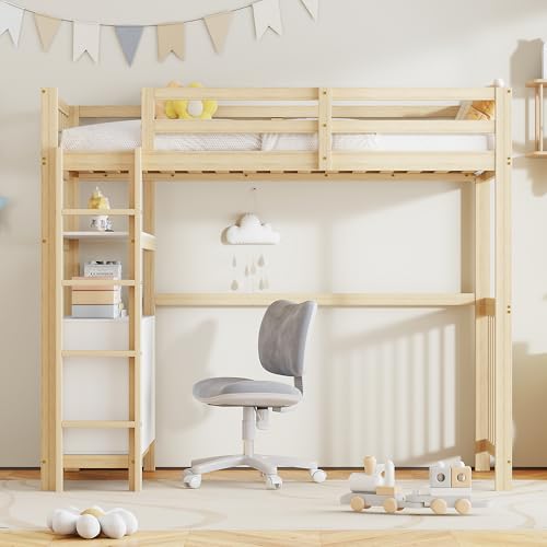 Witimisy Hochbett,Einzelbett aus Holz,Bett aus Kiefernholz,Mit vertikale Sicherheitsleiter,Schubladen und Regale,hohes Zaundesign,Lattenrost,204x96x175CM (Holzfarbe) von Witimisy