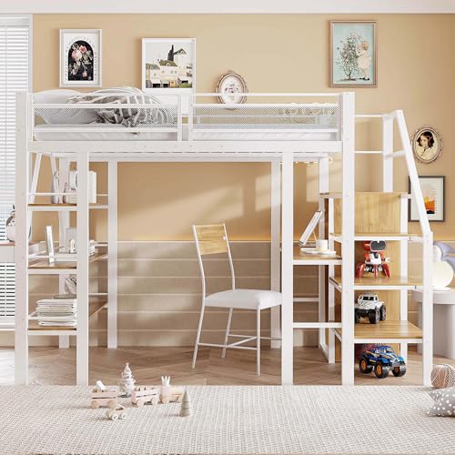 Witimisy Hochbett,Eisenbett,Einzelbett,Mit dreilagiges Ablageregal,Schreibtisch,Kleiderschrank,Sicherheitsstufen mit Ablagefach,hohes Zaundesign,252X147.5X178.5CM (Weiß) von Witimisy