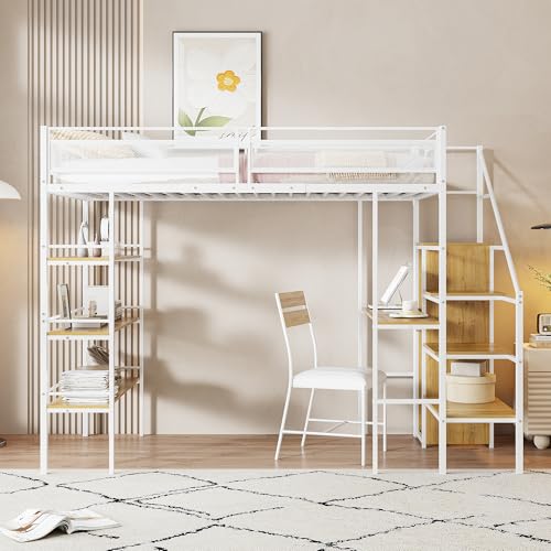 Witimisy Hochbett,Eisenbett,Einzelbett,dreilagiges Ablageregal,Schreibtisch, Kleiderschrank,Sicherheitsstufen mit Ablagefach,hohes Zaundesign,248.5X98X178.5CM (Weiß) von Witimisy