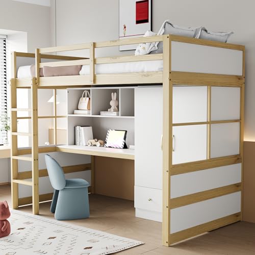 Witimisy Hochbett,Kinderbett,Jugendbett,Einzelbett,Mit Leiter,Mit Schreibtisch mit Stauraum,Mit Kleiderschrank und Schubladen,204.5X102X174CM (Holzfarbe) von Witimisy
