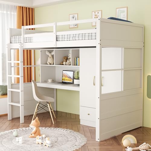 Witimisy Hochbett,Kinderbett,Jugendbett,Einzelbett,Mit Leiter,Mit Schreibtisch mit Stauraum,Mit Kleiderschrank und Schubladen,204.5X102X174CM (Weiß) von Witimisy