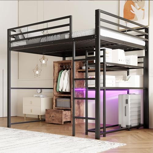 Witimisy Hochbett,Metallbett,Mit LED-Leuchten,Schreibtisch,1 Schubladen, Regale,Geländer,Treppe,ohne Matratze,203X144.5X174CM (Schwarz) von Witimisy