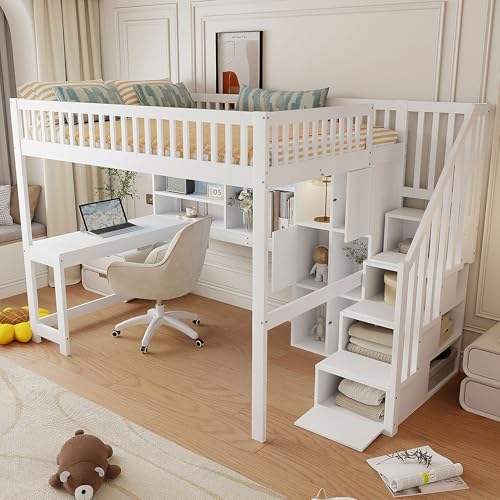 Witimisy Hochbett,Mit LED-Leuchten,Ablageleiter,Regale,Ablagefächer, Schreibtisch,ohne Matratze,Weiß+Natur,251X145X165CM (Weiß) von Witimisy