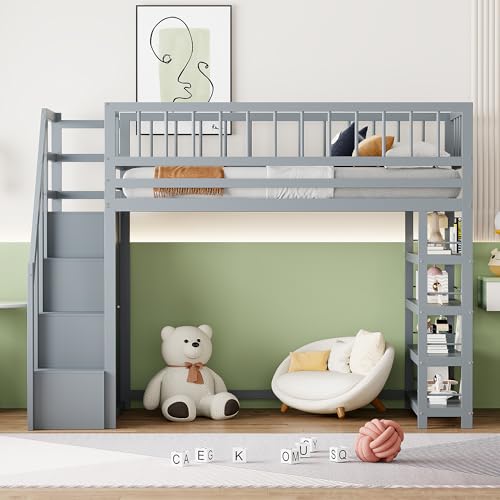 Witimisy Hochbett,Multifunktionsbett,Massivholzbett,Hochzaun-Sicherheitsdesign mit Kleiderschrank,Regalen und Stauraum mit Sicherheitskletterleiter,244.3x103.3x180CM (Grau) von Witimisy