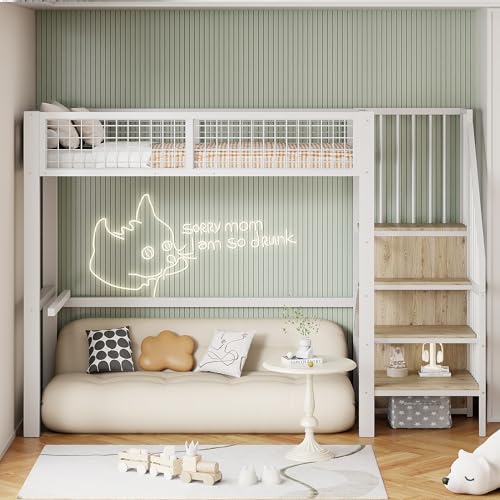 Witimisy Hochbett mit Leiter,Kinderbett mit Eisenrahmen und Aufbewahrungsregal,Kleiderschrank,255X95X176CM (Weiß) von Witimisy