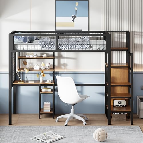 Witimisy Hochbett mit Sicherheitsleiter,Kinderbett mit Eisenrahmen,Kleiderschrank und Computertisch,245X95X171.5CM (Schwarz) von Witimisy