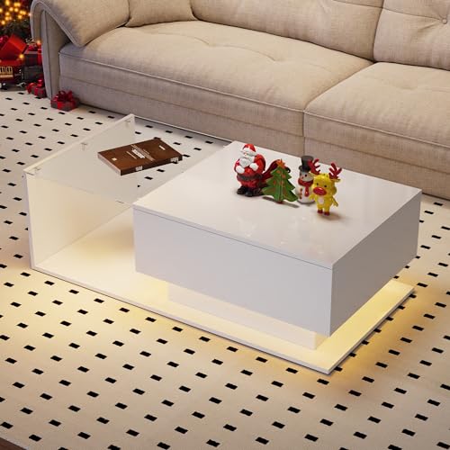 Witimisy Hochglanz Couchtisch,Kratzfest,mit Glasplatte und Schubladen,mit 1 Schublade,mit LED-Beleuchtung,100X50X32CM (Weiß) von Witimisy