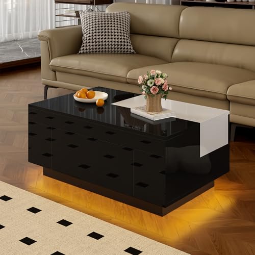 Witimisy Hochglanz-Couchtisch mit LED-Beleuchtung,ausziehbarer Tischplatte,verstecktem Stauraum und 16-farbig einstellbarem Lichtband,80X50X35.5CM (Schwarz+Weiß) von Witimisy
