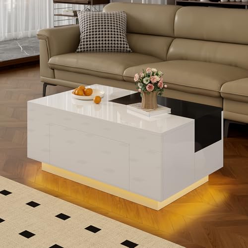 Witimisy Hochglanz-Couchtisch mit LED-Beleuchtung,ausziehbarer Tischplatte,verstecktem Stauraum und 16-farbig einstellbarem Lichtband,80X50X35.5CM (Weiß+Schwarz) von Witimisy