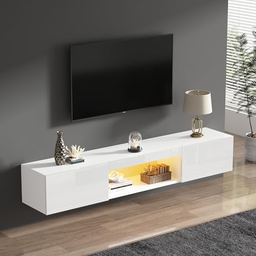 Witimisy Hochglanz-Hängeschrank für 70-Zoll-TV,mit LED-Beleuchtung,Bluetooth-APP-Steuerung,Wandmontierter TV-Ständer,Weiß,160X31X22CM von Witimisy