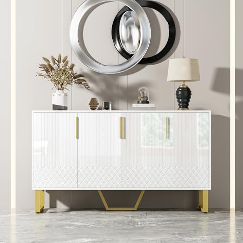 Witimisy Hochglanz-Sideboard,4 Türen,Metallgriffe und Beine,geometrisches Design,Weiß,140X80X40CM Witimisy Hochglanz-Sideboard,4 Türen,Metallgriffe und Beine,geometrisches Design,Weiß,140X80X40CM von Witimisy