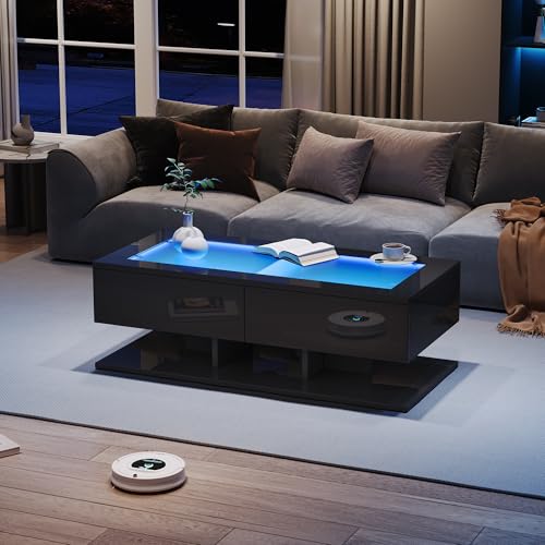 Witimisy Hochglanz Sofatisch,Wohnzimmertisch mit Schubladen, Kaffeetisch mit LED-Licht,Glasplatte,100X50X35CM (Schwarz) von Witimisy