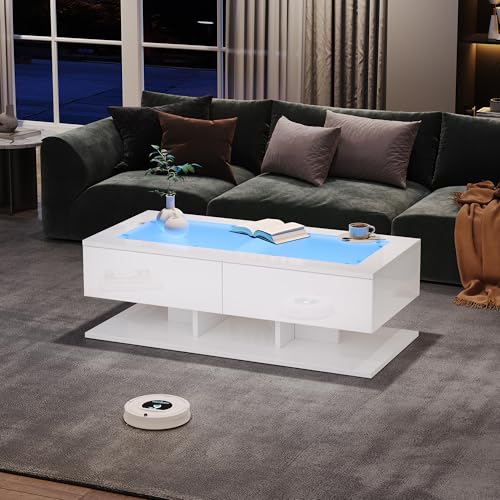 Witimisy Hochglanz Sofatisch,Wohnzimmertisch mit Schubladen, Kaffeetisch mit LED-Licht,Glasplatte,100X50X35CM (Weiß) von Witimisy