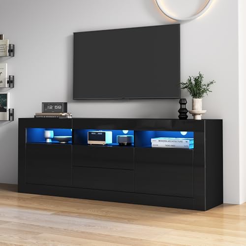 Witimisy Hochglanz-TV-Schrank mit LED-Beleuchtung,3 offenen Fächern,2 Türen,2 Schubladen,Smart App Steuerung,für 70-Zoll-Fernseher,160X35X60CM (Schwarz) von Witimisy
