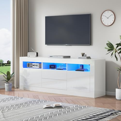 Witimisy Hochglanz-TV-Schrank mit LED-Beleuchtung,3 offenen Fächern,2 Türen,2 Schubladen,Smart App Steuerung,für 70-Zoll-Fernseher,160X35X60CM (Weiß) von Witimisy