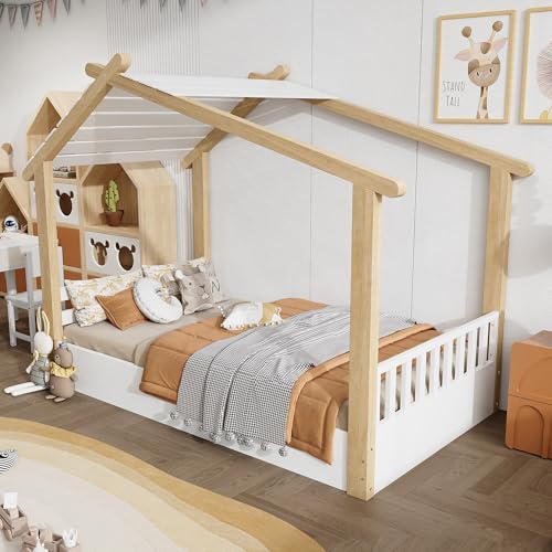 Witimisy Holzbetten,Kinderbett,Einzelbett,Exquisites Holzhausdesign,Schlichtes Design,Kiefer+Spanplatte+MDF, Weiß+Natur,213.5X95X155.5CM Witimisy Holzbetten,Kinderbett,Einzelbett,Exquisites Holzhausdesign,Schlichtes Design,Kiefer+Spanplatte+MDF, Weiß+Natur,213.5X95X155.5CM von Witimisy