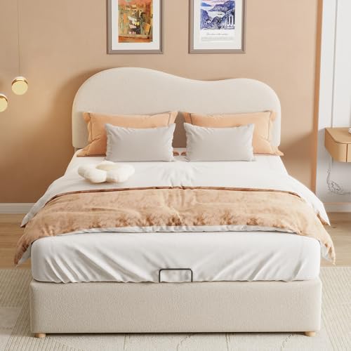 Witimisy Hydraulisch Doppelbett Polsterbett,Verstellbares Kopfteil,Speziell geformtes Bettkopftel,Modernes Bettgestell mit Stauraum,Vliesimitat,Weiß,204X140X102/108/114CM von Witimisy