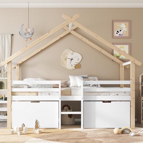 Witimisy Kinderbett,Halbhohes Bett,Hausbett mit Dach, Vierseitiger Zaun, Mit Treppe,2 Schließfächer mit Rädern,Kiefer+MDF,Weiß+Natur,221x99x189CM von Witimisy