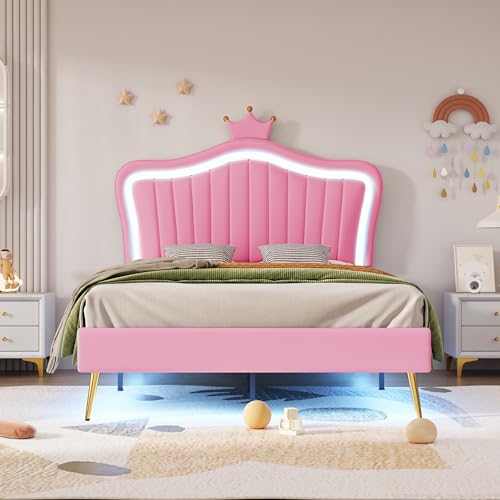 Witimisy Kinderbett Polsterbet,Bettgestell für Mädchen,Kronen-Doppelbettgestell aus PU-Leder mit LED-Leuchten,Lattenrost und Rückenlehne,Matratze Nicht enthaltet,203X102X122CM (Rosa) von Witimisy