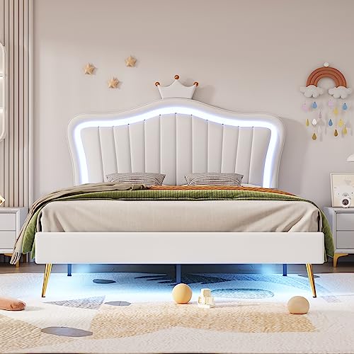 Witimisy Kinderbett Polsterbett,Bettgestell für Mädchen,Kronen-Doppelbettgestell aus PU-Leder mit LED-Leuchten,Lattenrost und Rückenlehne,Matratze Nicht enthaltet,203X152X122CM (Weiß) von Witimisy