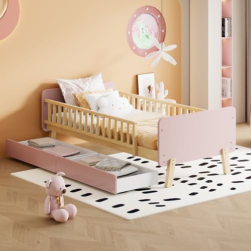 Witimisy Kinderbett mit 2 Schubladen,Einzelbett aus Massivholz mit Lattenrost,196.6X99X64CM (Rosa) von Witimisy