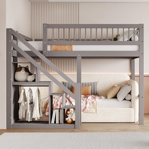 Witimisy Massivholzbett,Kinderbett,Jugendbett,Treppe mit Stauschrank,hohes Geländer,Massivholzbettgestell,205X183X173.5CM (Grau) von Witimisy