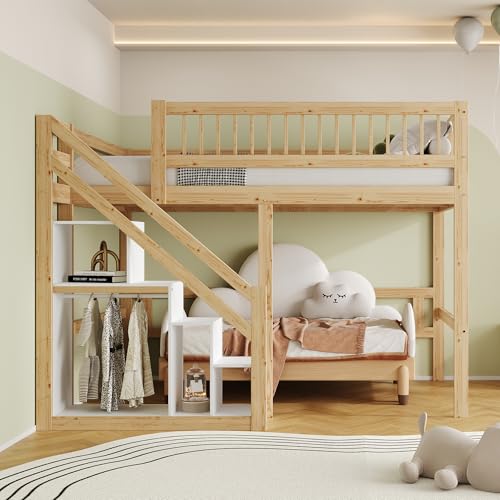 Witimisy Massivholzbett,Kinderbett,Jugendbett,Treppe mit Stauschrank,hohes Geländer,Massivholzbettgestell,205X183X173.5CM (Holzfarbe) von Witimisy