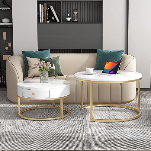 Witimisy Moderner Nesting Couchtisch,2er Set runde Couchtische,Runder Nested Beistelltisch,Hochglanz Marmormuster (Weiß) von Witimisy