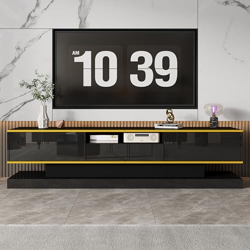 Witimisy Moderner TV-Schrank mit DREI Schubladen und einem offenen Fach,mit farbwechselnden LED-Leuchten,Hochglanz,180X38X45CM (Schwarz) von Witimisy