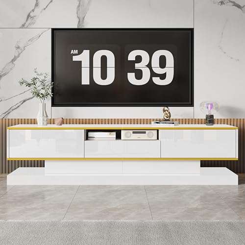 Witimisy Moderner TV-Schrank mit DREI Schubladen und einem offenen Fach,mit farbwechselnden LED-Leuchten,Hochglanz,180X38X45CM (Weiß) von Witimisy