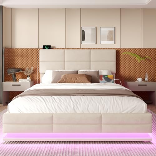Witimisy Modernes Velours-Polsterbett mit höhenverstellbarem Kopfteil - Inkl. USB/Type-C-Anschlüssen,LED-Ambientebeleuchtung,Großer Stauraum,ohne Matratze,Beige,162x206x(105-110-115) cm von Witimisy