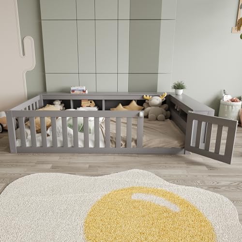 Witimisy Multifunktionales Kinderbett,Massivholzbett,Einzelbett,mit reichlich Staufächern und Stauraum,mit Sicherheitsgitter und Türchen,222.6X112X45CM (Grau) von Witimisy
