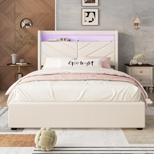 Witimisy Polsterbett,Ambientebeleuchtung mit Fernbedienung,mit Hydraulik,Mit USB und Stereoanlage,Ohne Matratze,Leinen,205x150.5x112.5CM (Beige) von Witimisy